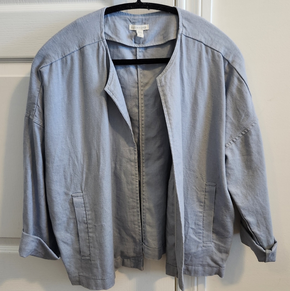 EILEEN FISHER Organic Linen Drape Blue Jacket